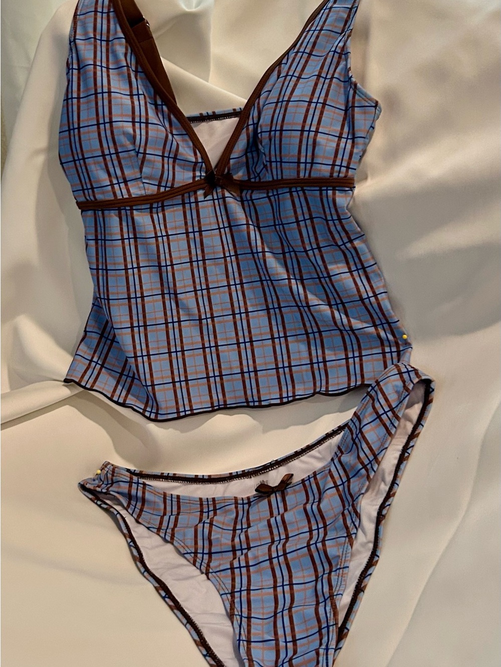 Zaful Blue Plaid Tankini Set with Brown Trim